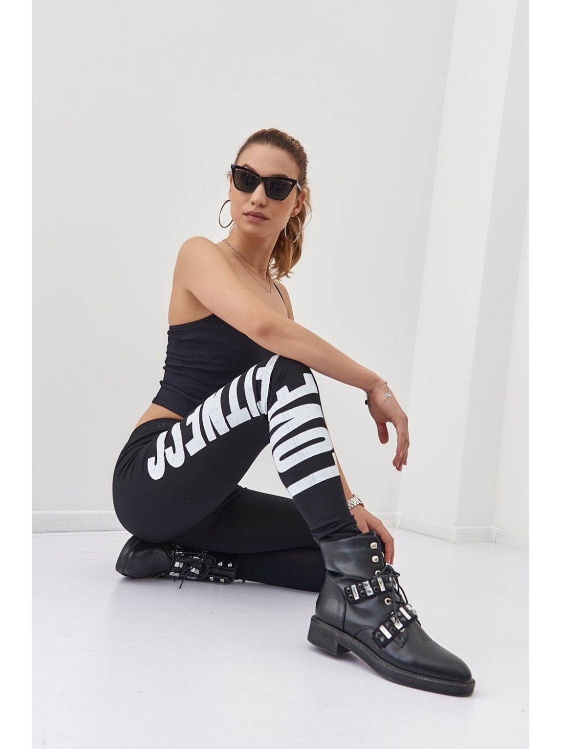 Sports leggings with white print, black 9726 - Online store - Boutique